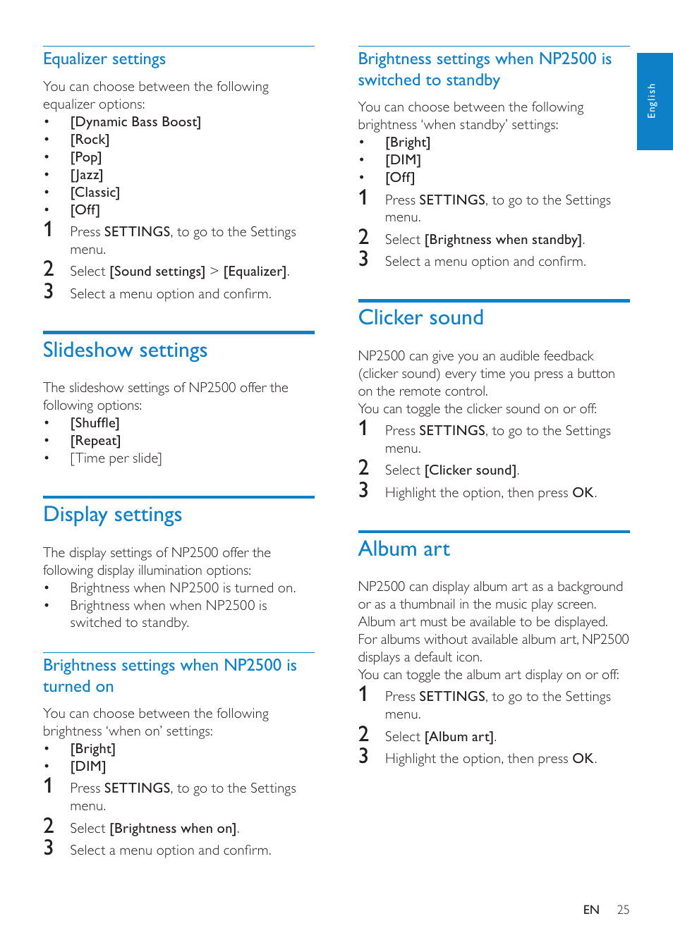 Equalizer settings, Slideshow settings, Display settings | Brightness settings when np2500 is turned on, Clicker sound, Album art, Brightness settings when np2500 is, Turned on, Switched to standby | Philips NP2500-37 User Manual | Page 26 / 67