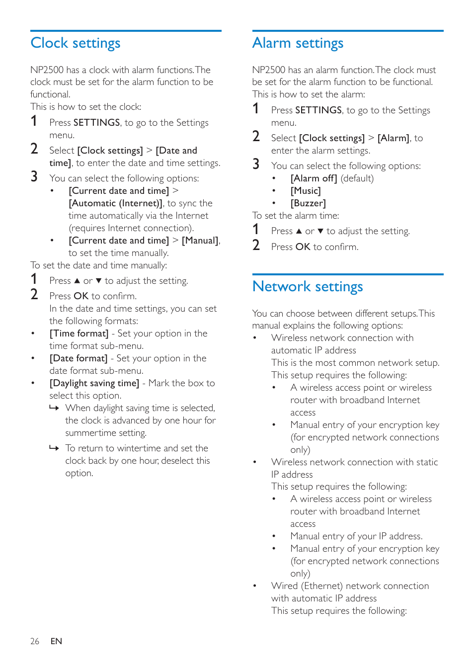 Clock settings, Alarm settings, Network settings | Philips NP2500-37 User Manual | Page 27 / 67