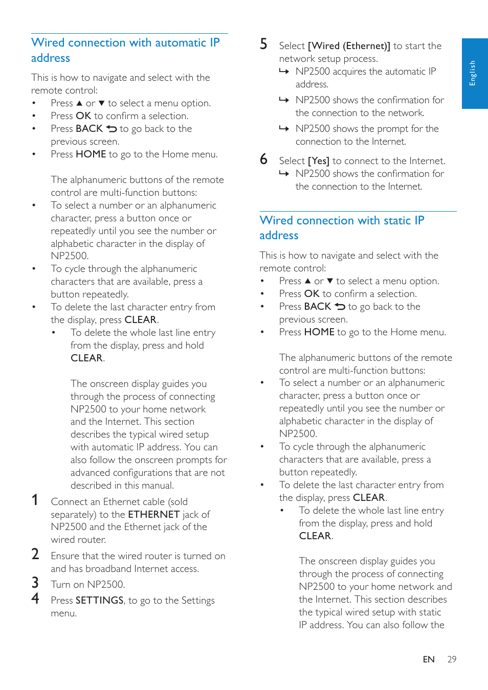 Wired connection with automatic ip address, Wired connection with static ip address, Wired connection with automatic ip | Address | Philips NP2500-37 User Manual | Page 30 / 67