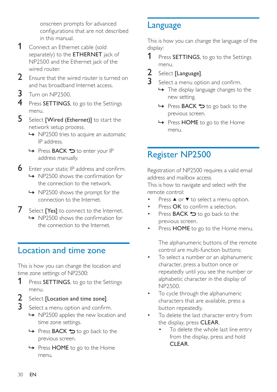 Location and time zone, Language, Register np2500 | Philips NP2500-37 User Manual | Page 31 / 67