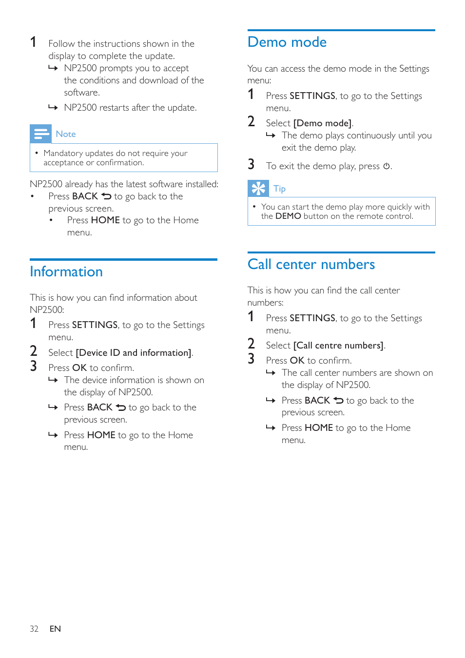 Information, Demo mode, Call center numbers | Philips NP2500-37 User Manual | Page 33 / 67