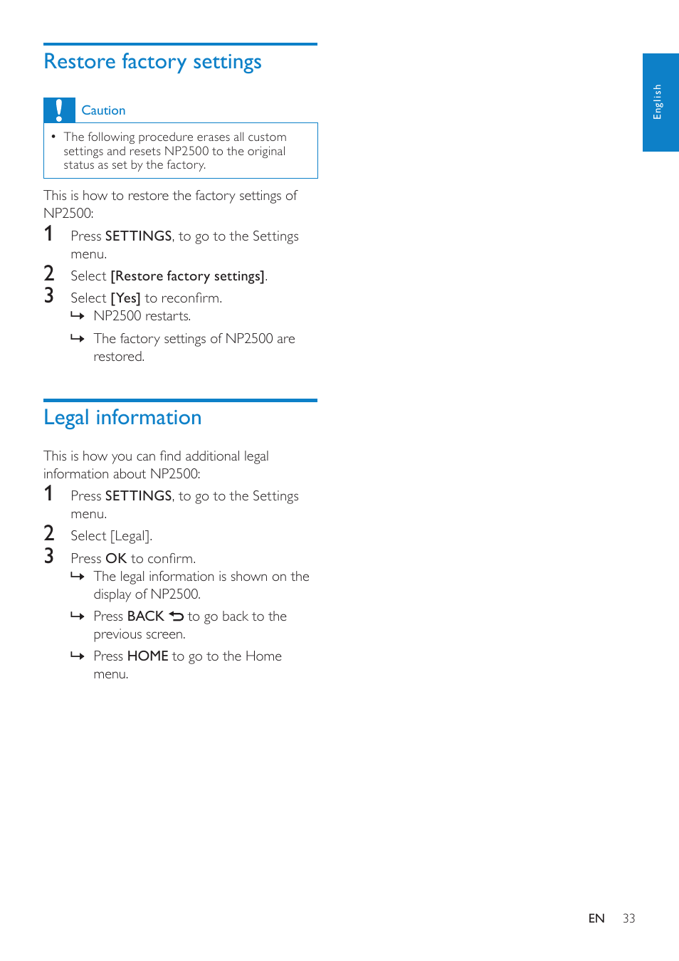 Restore factory settings, Legal information | Philips NP2500-37 User Manual | Page 34 / 67