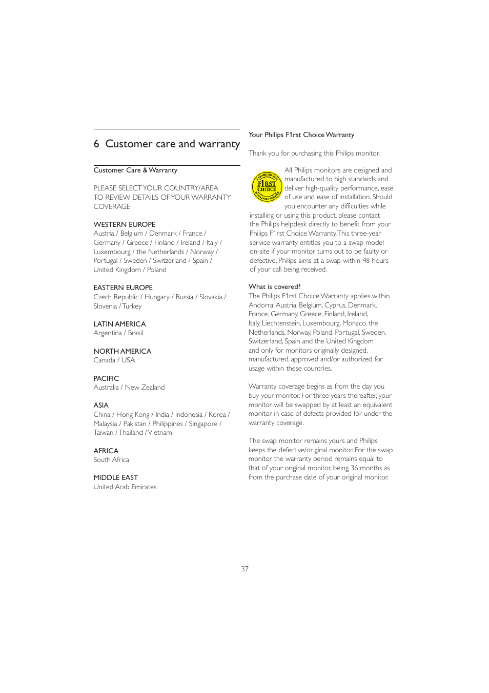 6 customer care and warranty | Philips 201B2CB-00 User Manual | Page 39 / 57