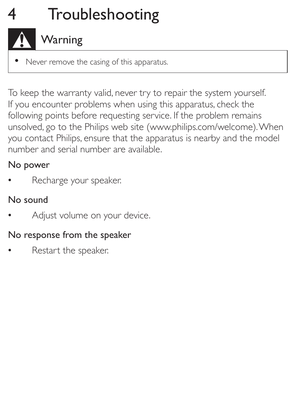 4 troubleshooting | Philips SBA3011GRN-37 User Manual | Page 12 / 14