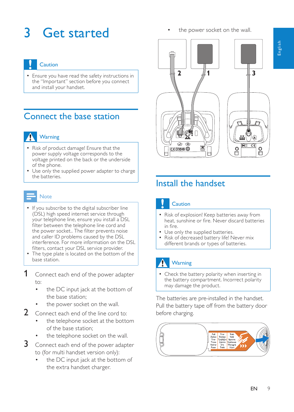 3 get started, Connect the base station, Install the handset | Philips CD1811G-NL User Manual | Page 10 / 34