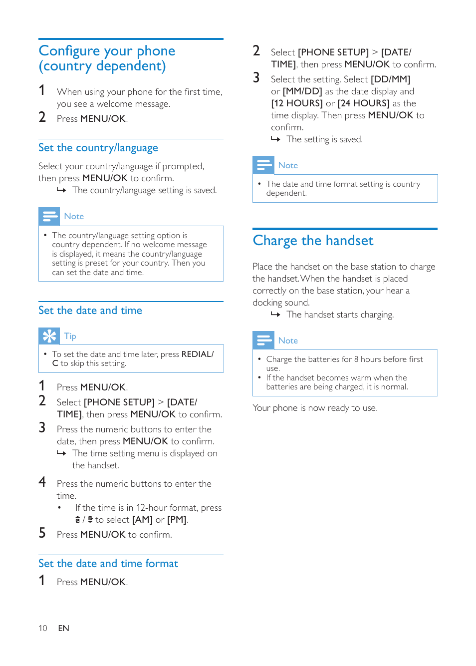 Configure your phone (country dependent), Charge the handset, Set the country/language | Set the date and time, Set the date and time format, Configure your phone (country dependent) 1 | Philips CD1811G-NL User Manual | Page 11 / 34