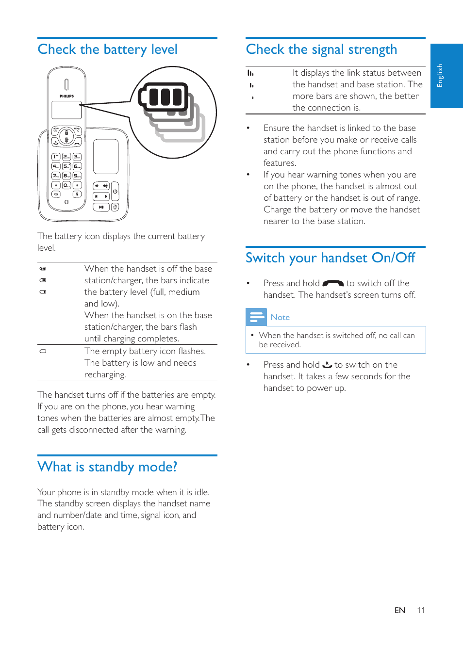 Check the battery level, What is standby mode, Check the signal strength | Switch your handset on/off | Philips CD1811G-NL User Manual | Page 12 / 34