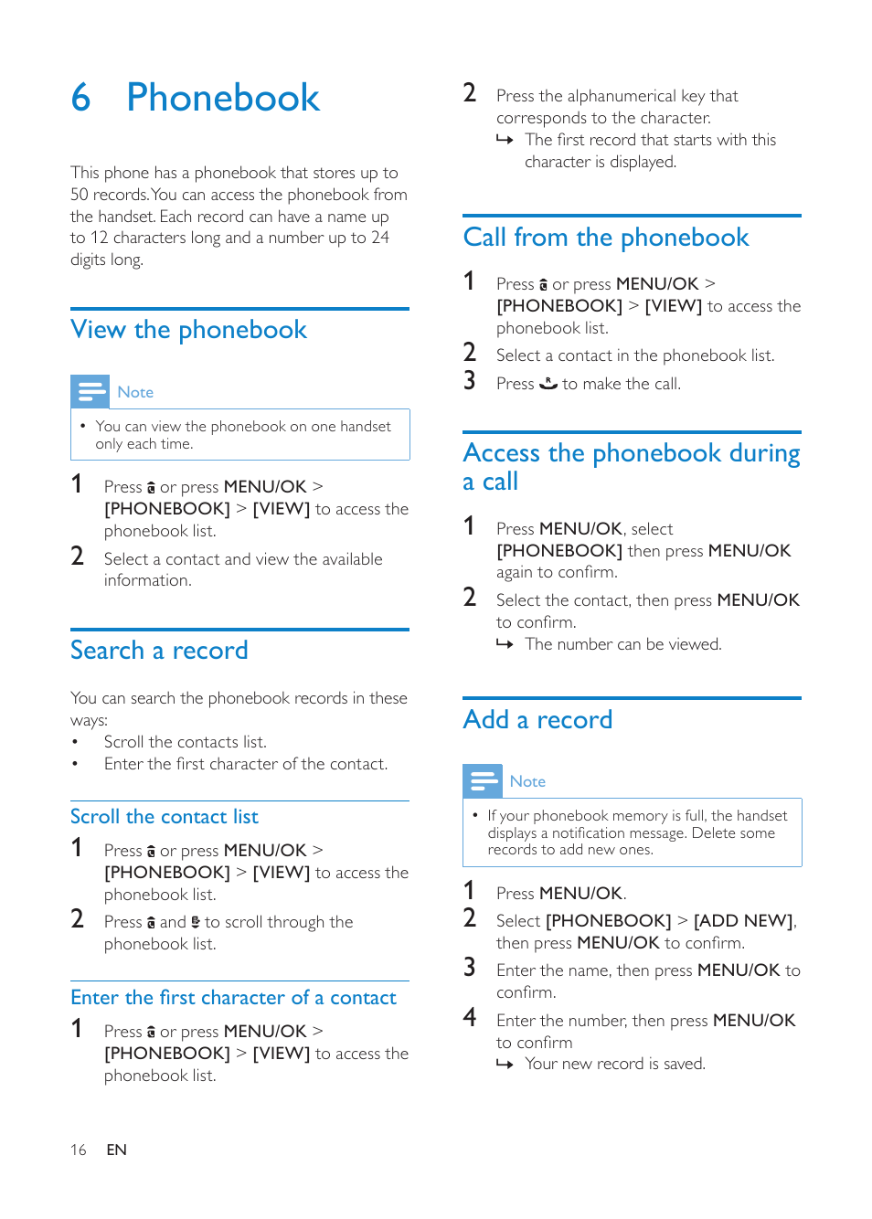 6 phonebook, View the phonebook, Search a record | Call from the phonebook, Access the phonebook during a call, Add a record, Scroll the contact list, Enter the first character of a contact, Call from the phonebook 1, Access the phonebook during a call 1 | Philips CD1811G-NL User Manual | Page 17 / 34