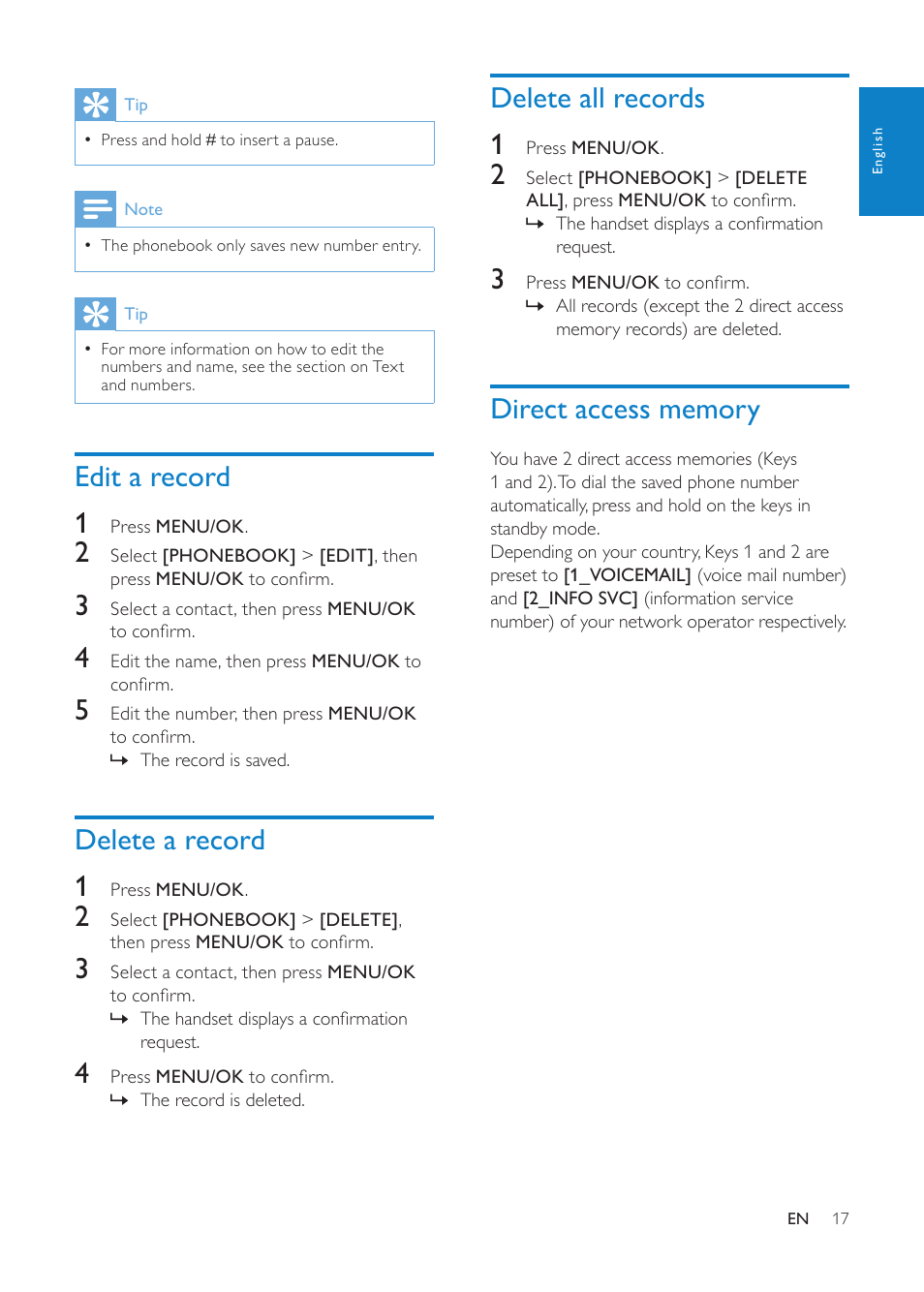 Edit a record, Delete a record, Delete all records | Direct access memory, Delete all records 1, Edit a record 1, Delete a record 1 | Philips CD1811G-NL User Manual | Page 18 / 34