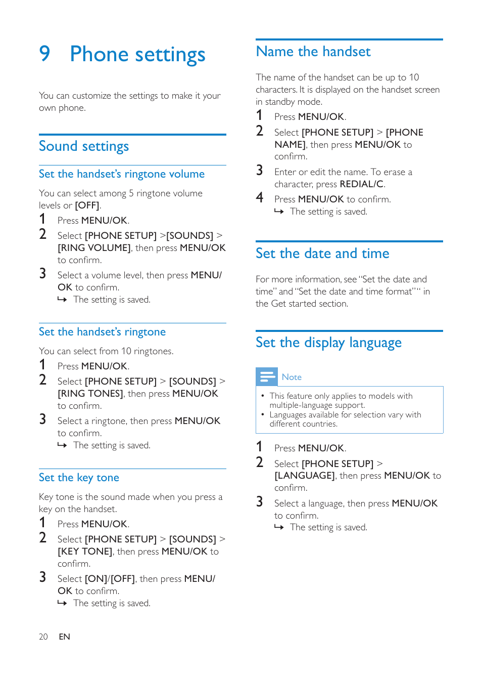 9 phone settings, Sound settings, Name the handset | Set the date and time, Set the display language, Set the handset’s ringtone volume, Set the handset’s ringtone, Set the key tone | Philips CD1811G-NL User Manual | Page 21 / 34