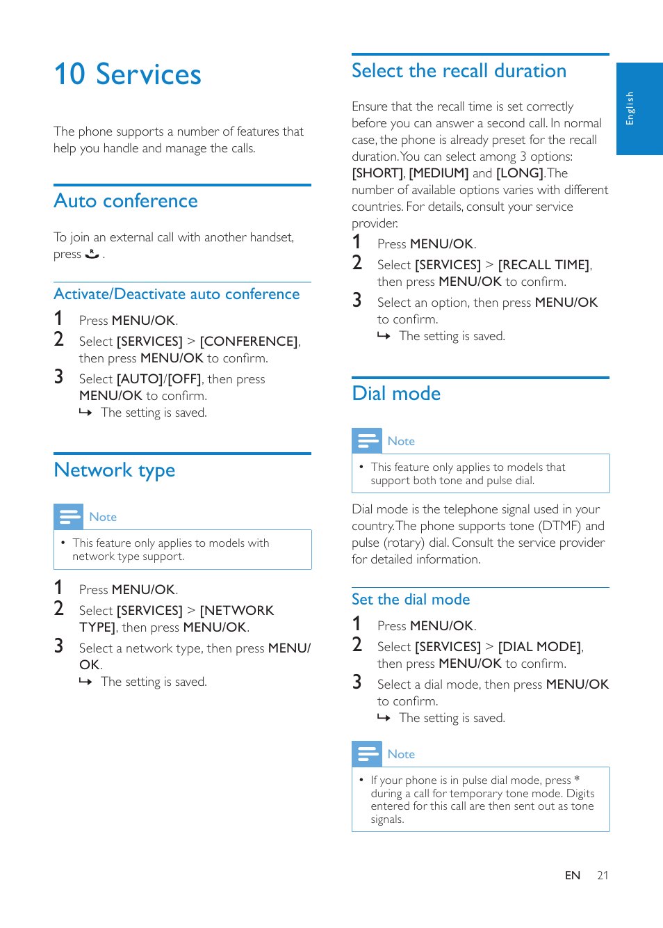 10 services, Auto conference, Network type | Select the recall duration, Dial mode, Activate/deactivate auto conference, Set the dial mode | Philips CD1811G-NL User Manual | Page 22 / 34