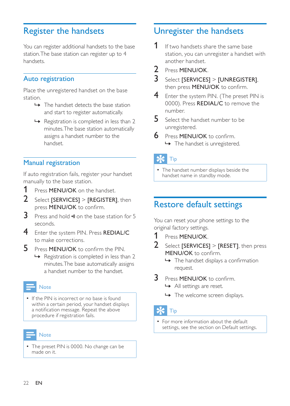 Register the handsets, Unregister the handsets, Restore default settings | Auto registration, Manual registration, Unregister the handsets 1 | Philips CD1811G-NL User Manual | Page 23 / 34