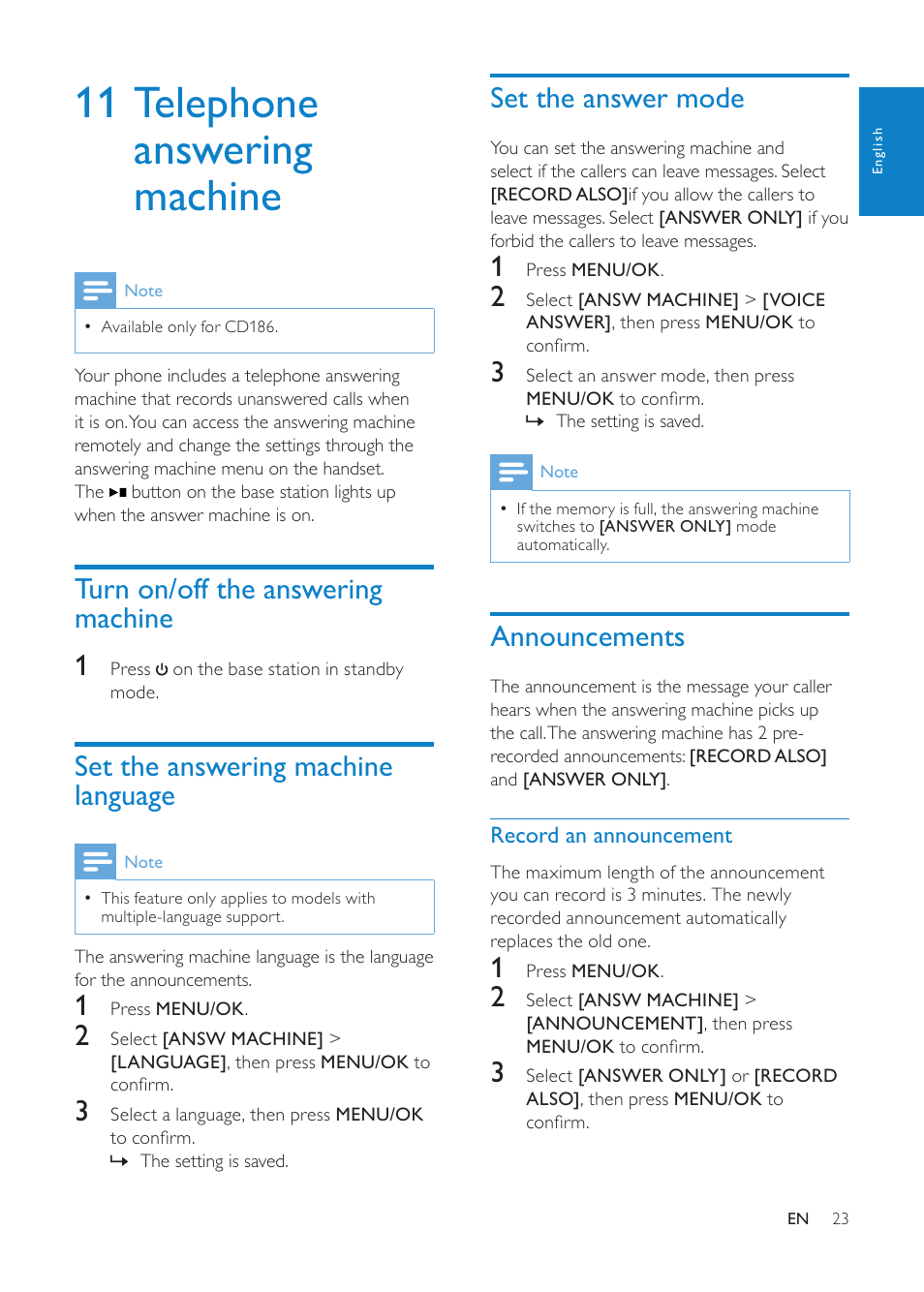 11 telephone answering machine, Turn on/off the answering machine, Set the answering machine language | Set the answer mode, Announcements, Record an announcement, Turn on/off the answering machine 1 | Philips CD1811G-NL User Manual | Page 24 / 34