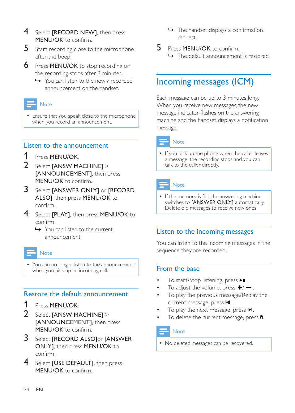 Incoming messages (icm), Listen to the announcement, Restore the default announcement | Listen to the incoming messages, From the base | Philips CD1811G-NL User Manual | Page 25 / 34