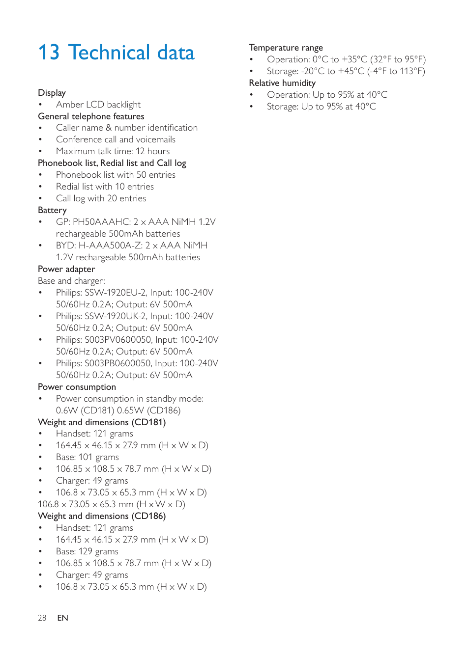 13 technical data | Philips CD1811G-NL User Manual | Page 29 / 34