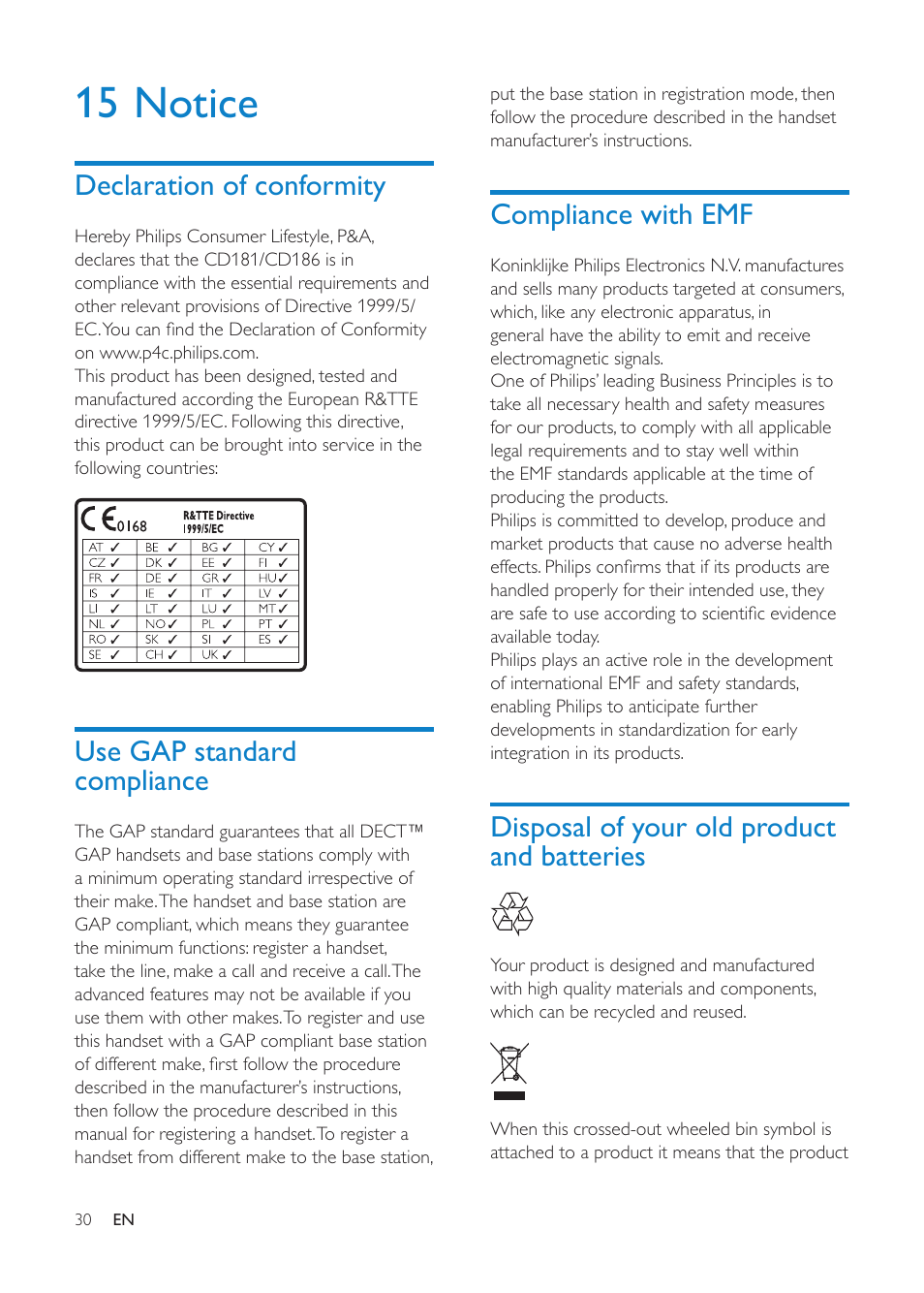 15 notice, Declaration of conformity, Use gap standard compliance | Compliance with emf, Disposal of your old product and batteries | Philips CD1811G-NL User Manual | Page 31 / 34