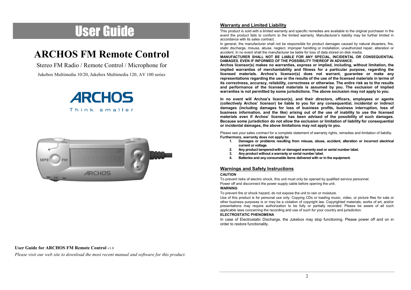 ARCHOS AV100 User Manual | 5 pages