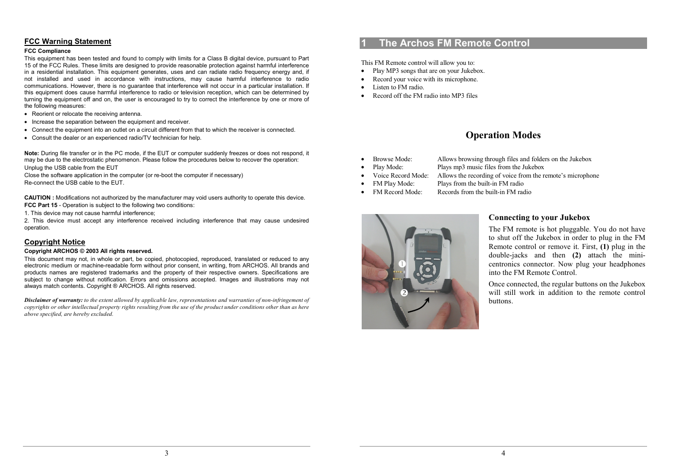 1 the archos fm remote control, Operation modes | ARCHOS AV100 User Manual | Page 2 / 5