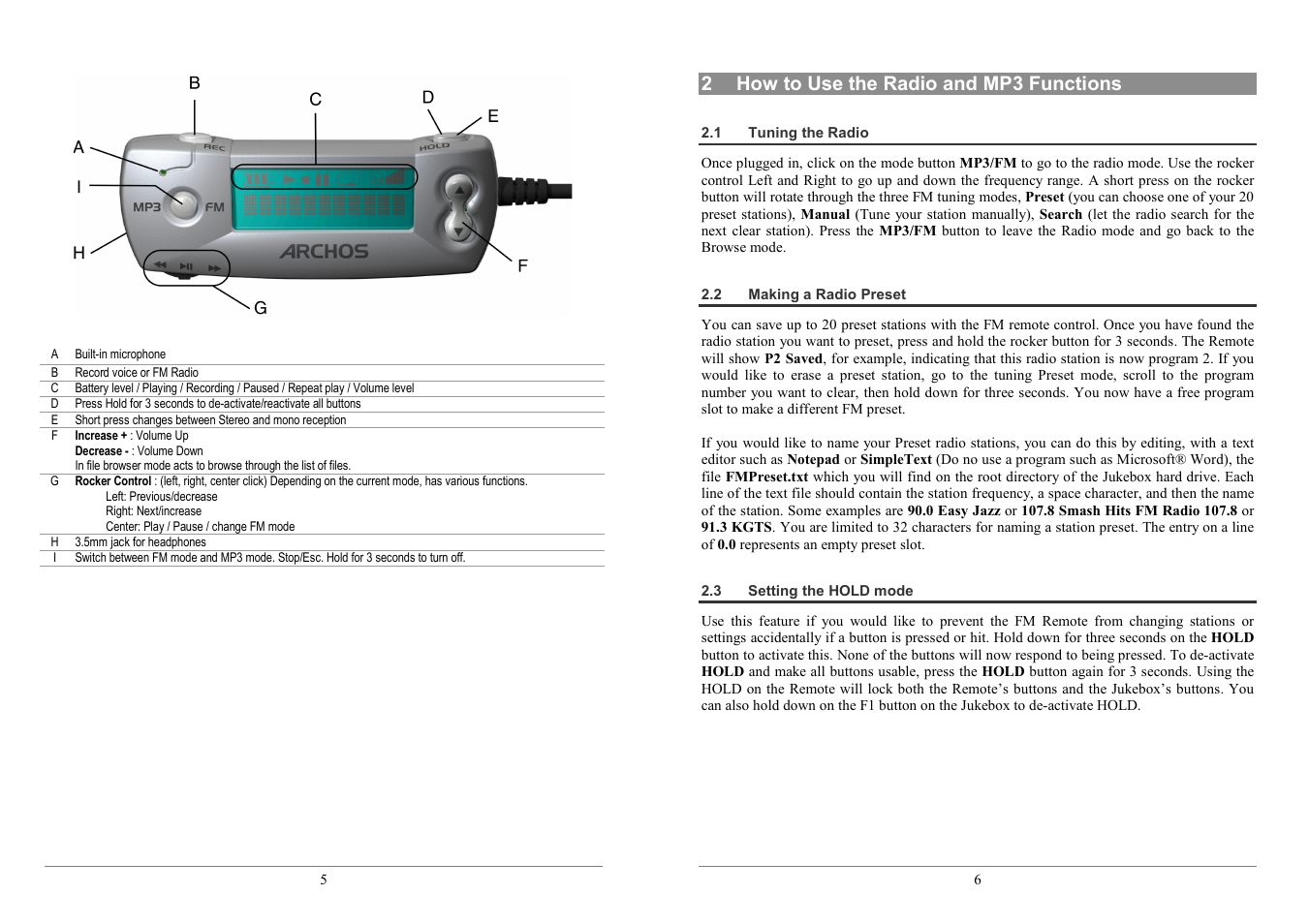 2 how to use the radio and mp3 functions | ARCHOS AV100 User Manual | Page 3 / 5