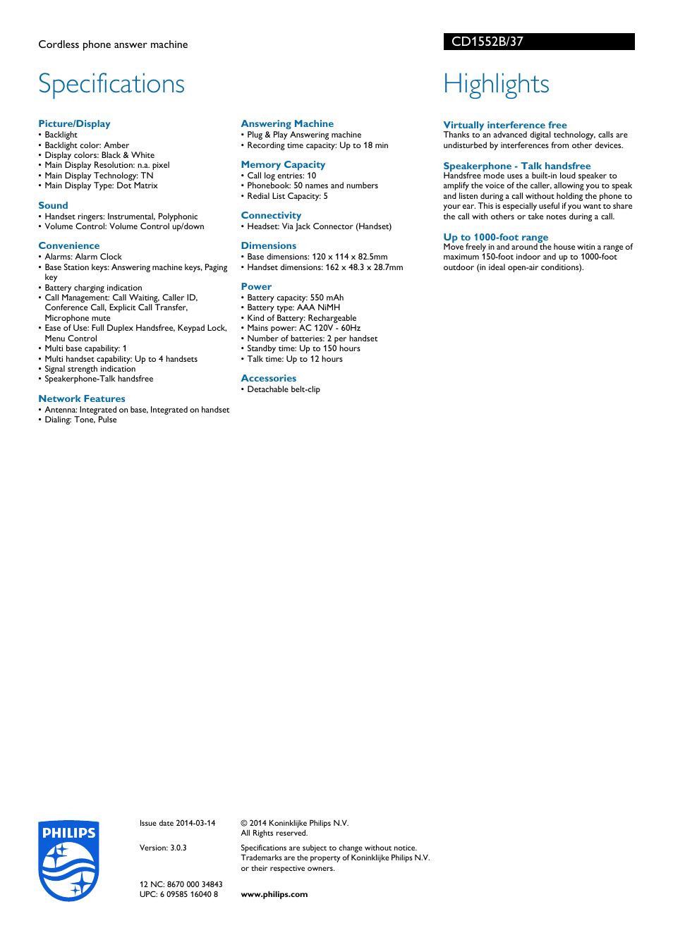 Specifications, Highlights | Philips CD1552B-37 User Manual | Page 2 / 2