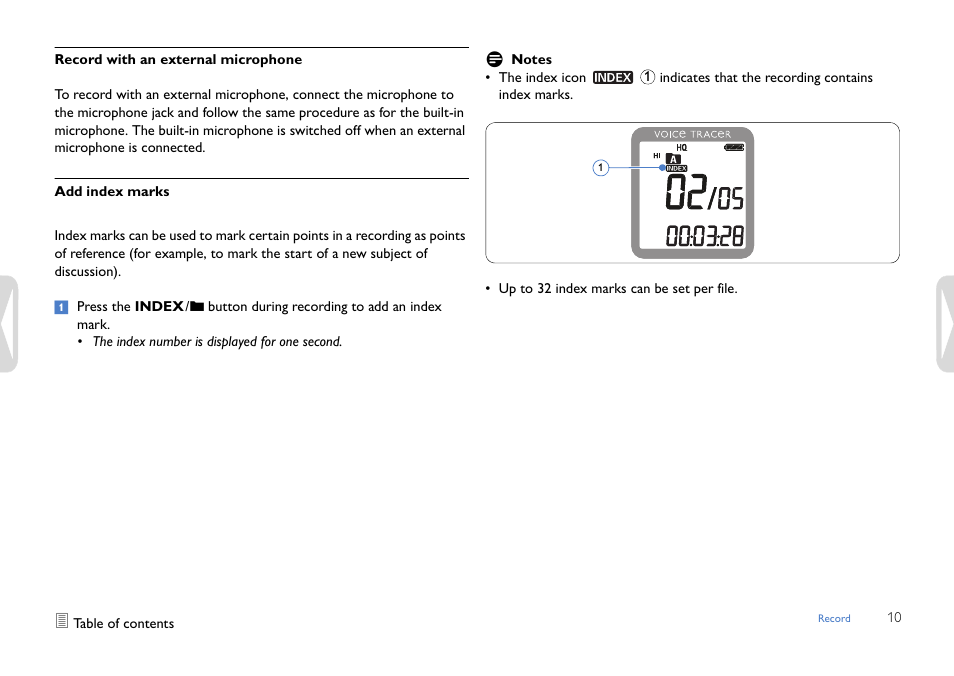 Record with an external microphone, Add index marks | Philips LFH0617-27B User Manual | Page 10 / 20