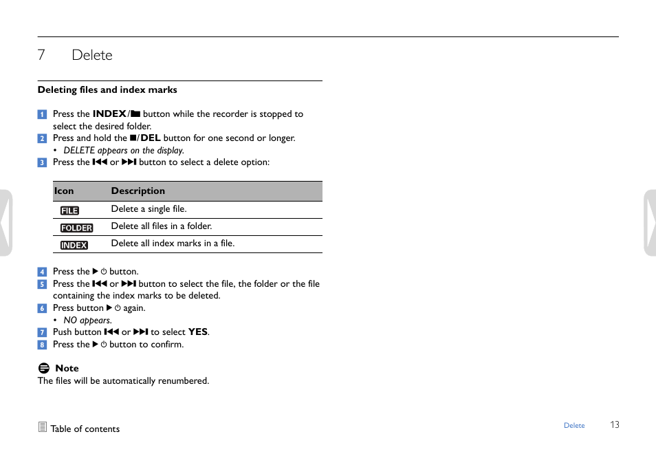 Delete, Deleting files and index marks, 7delete | Philips LFH0617-27B User Manual | Page 13 / 20