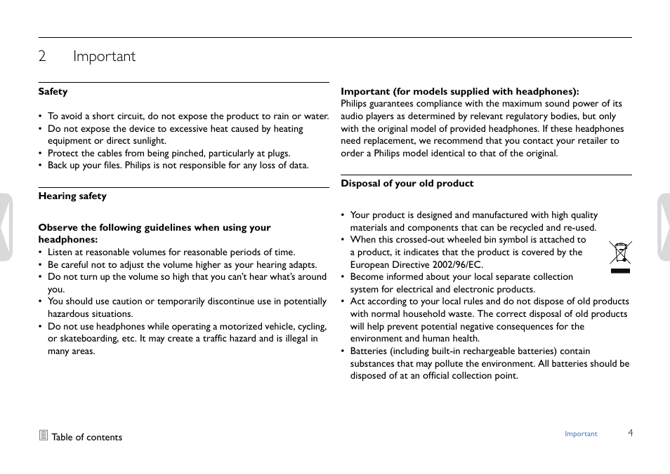 Important, Safety, Hearing safety | Disposal of your old product, 2important | Philips LFH0617-27B User Manual | Page 4 / 20