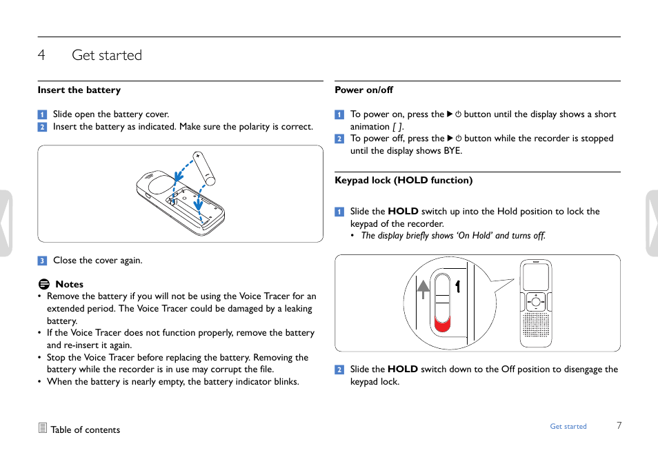 Get started, Insert the battery, Power on/off | Keypad lock (hold function), 4get started | Philips LFH0617-27B User Manual | Page 7 / 20