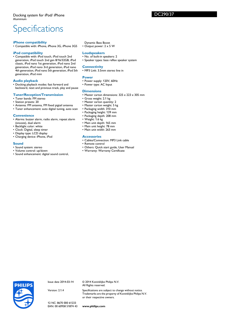 Specifications | Philips DC290-37 User Manual | Page 3 / 3