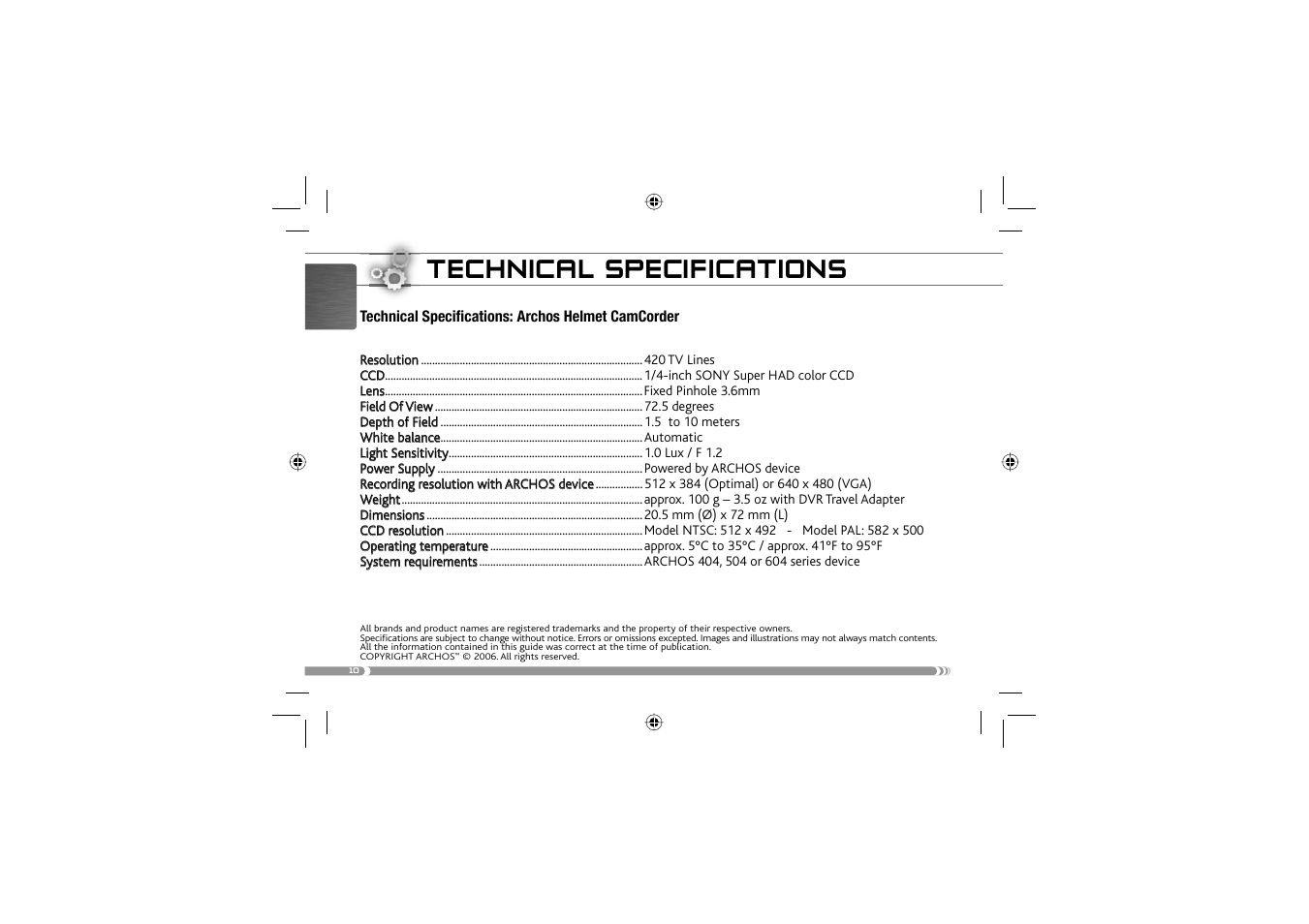 Technical specifications | ARCHOS 604 User Manual | Page 12 / 64