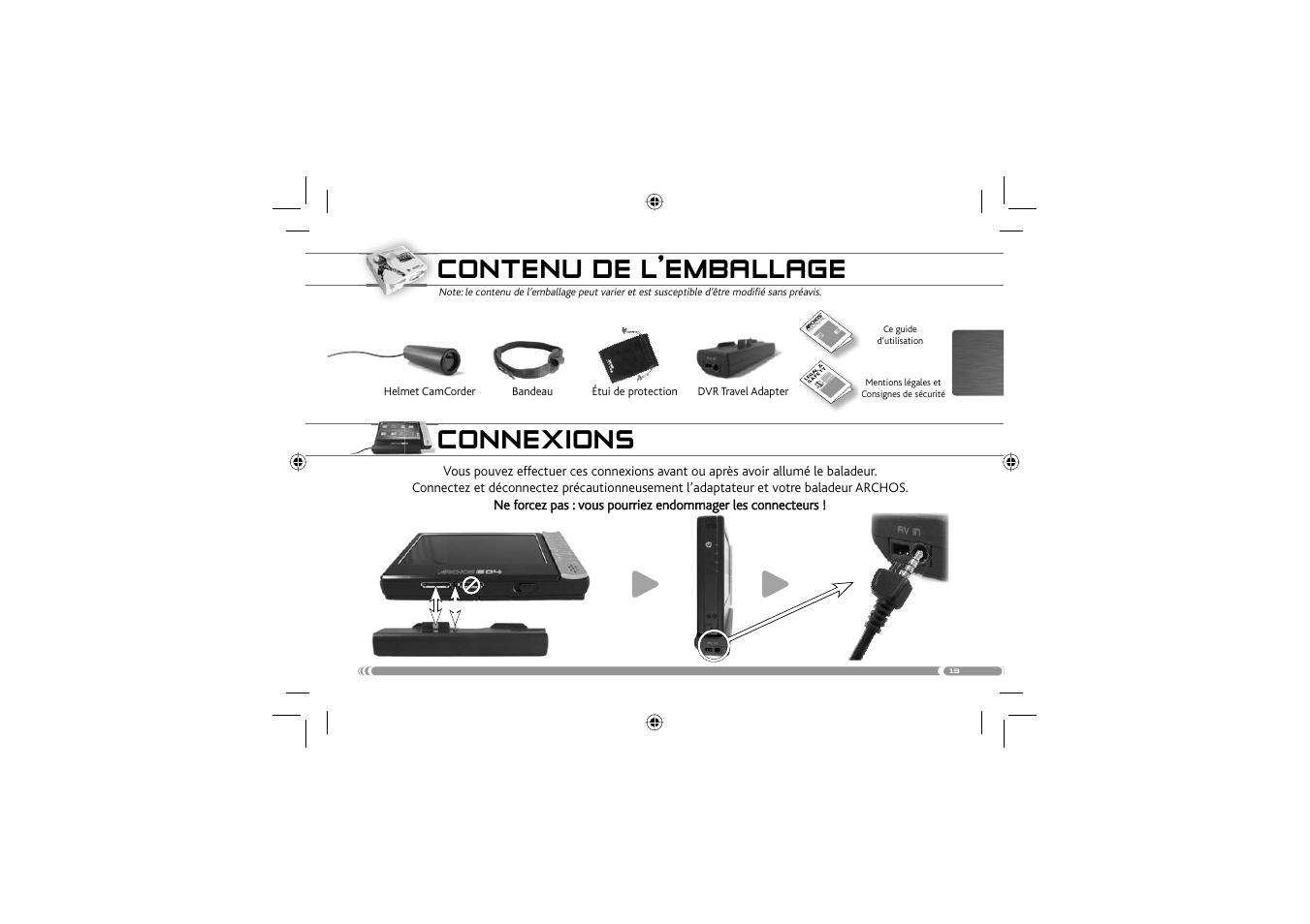Connexions, Contenu de l’emballage | ARCHOS 604 User Manual | Page 15 / 64