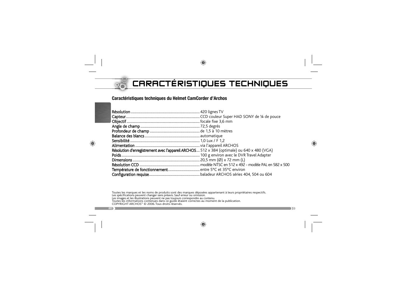 Caractéristiques techniques | ARCHOS 604 User Manual | Page 22 / 64