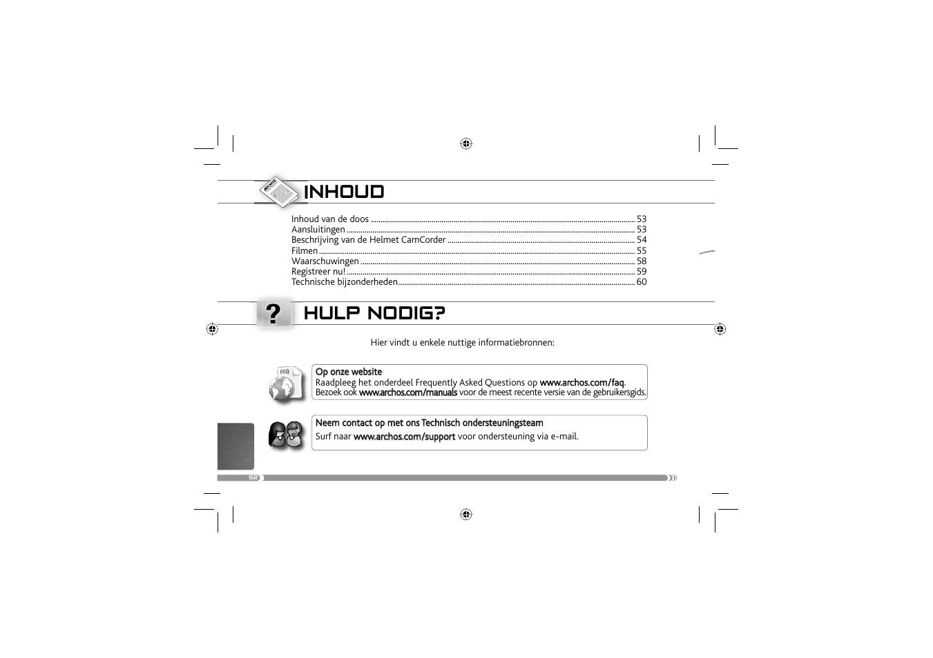 Inhoud, Hulp nodig | ARCHOS 604 User Manual | Page 54 / 64