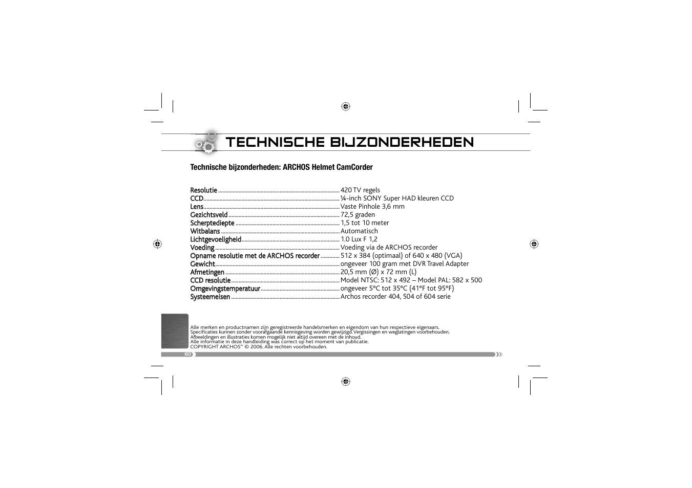 Technische bijzonderheden | ARCHOS 604 User Manual | Page 62 / 64