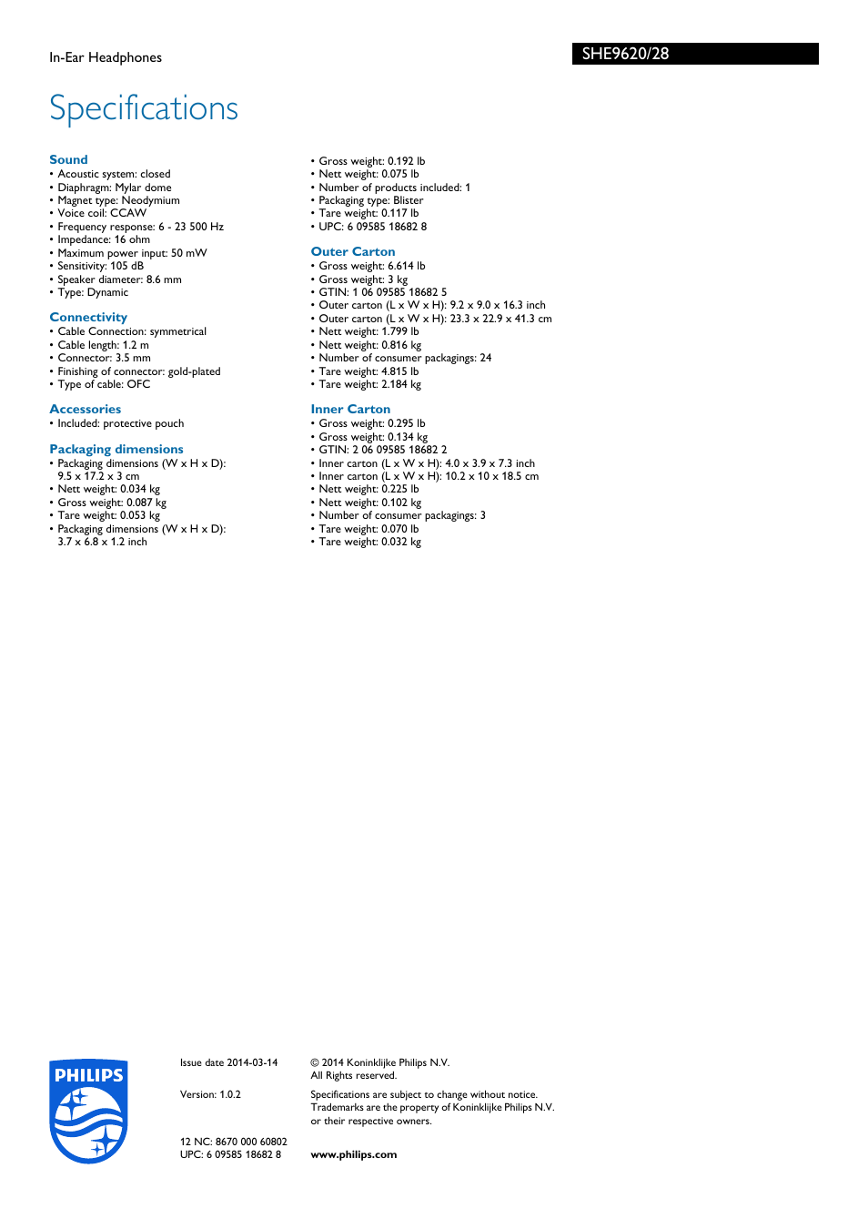 Specifications | Philips SHE9620-28 User Manual | Page 2 / 2