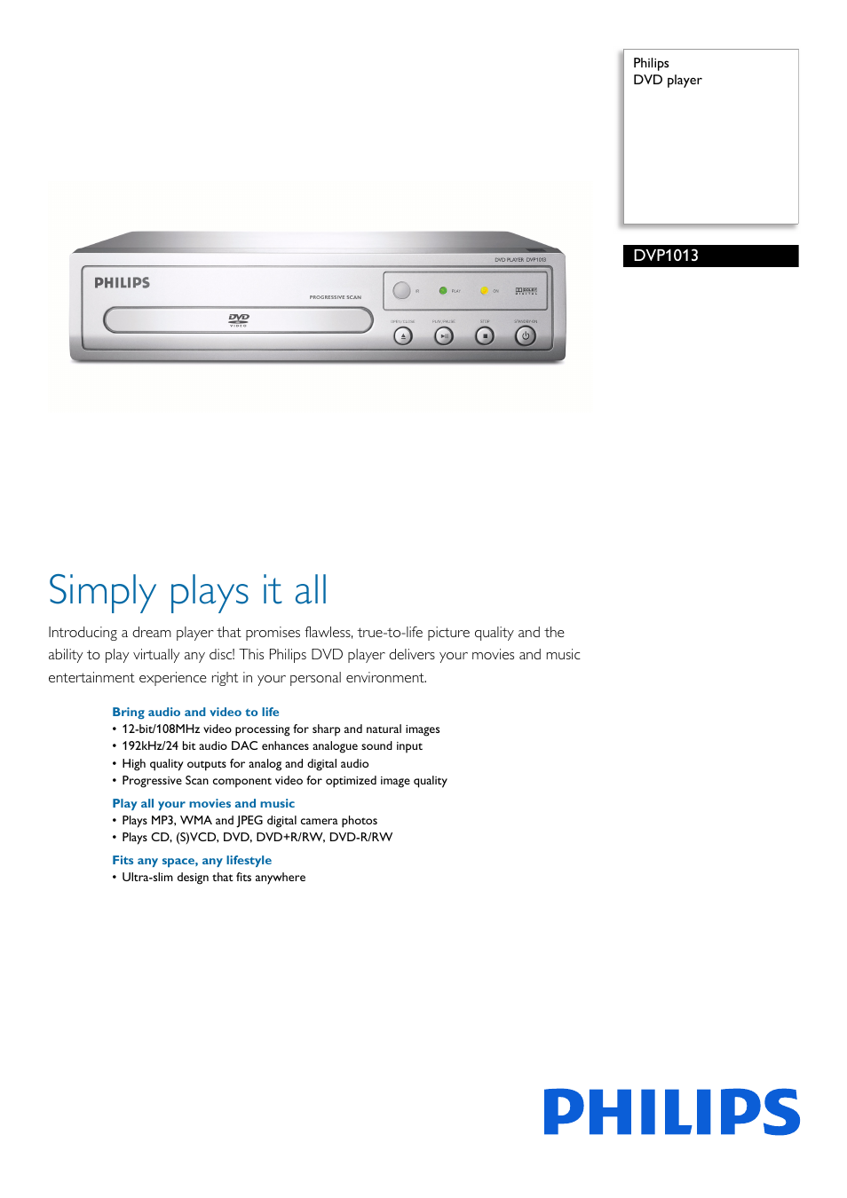 Philips DVP1013-F7 User Manual | 2 pages