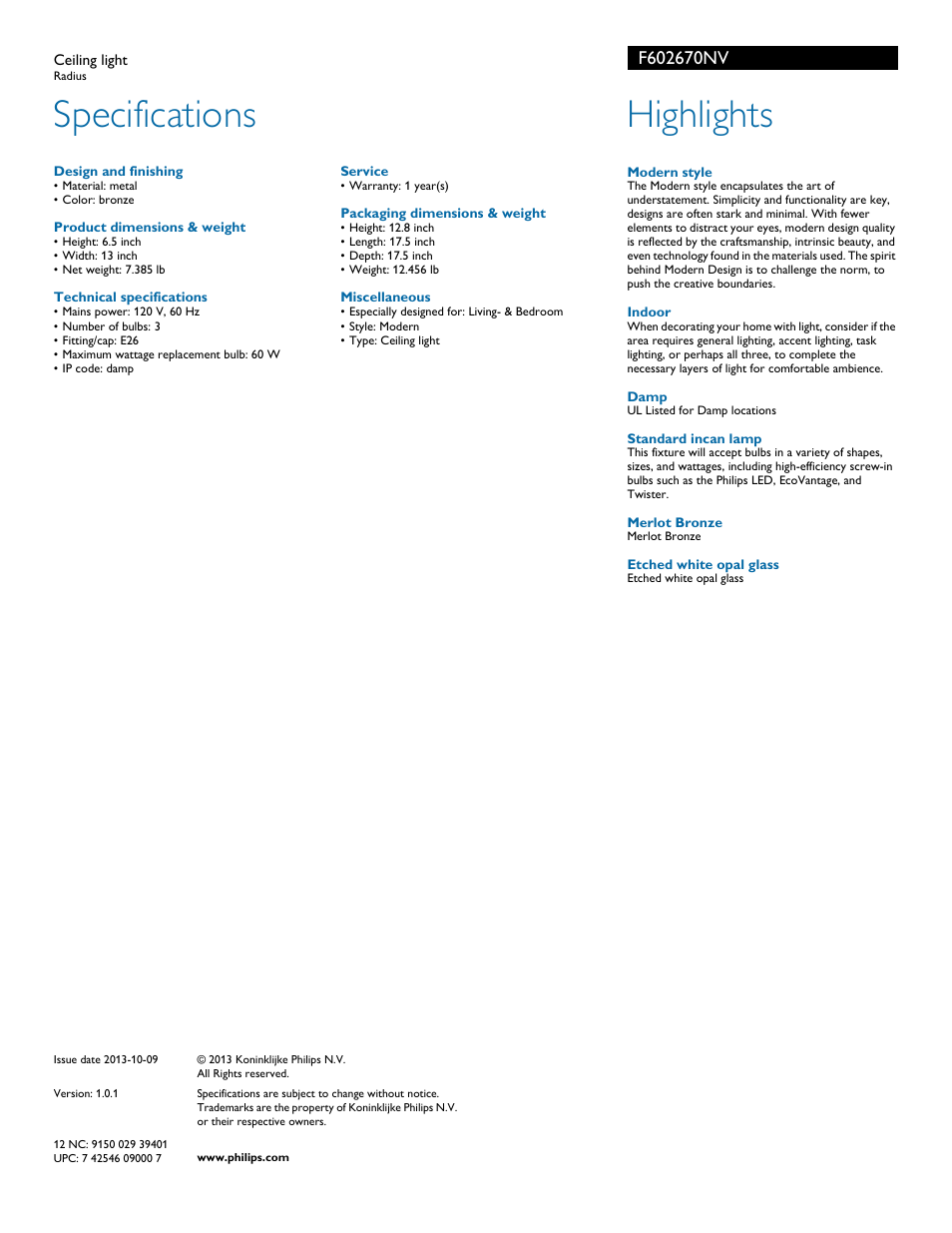 Specifications, Highlights | Philips F602670NV User Manual | Page 2 / 2