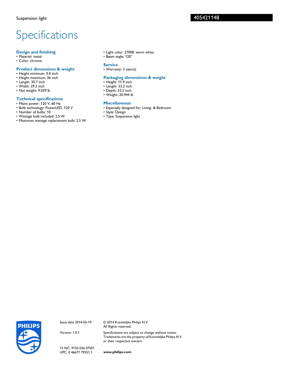 Specifications | Philips 405421148 User Manual | Page 3 / 3