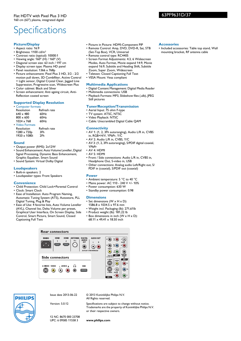 Specifications | Philips 63PF9631D-37 User Manual | Page 3 / 3