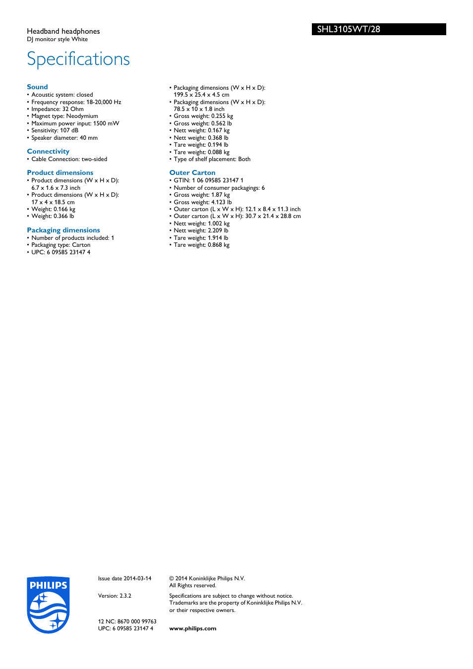 Specifications | Philips SHL3105WT-28 User Manual | Page 3 / 3