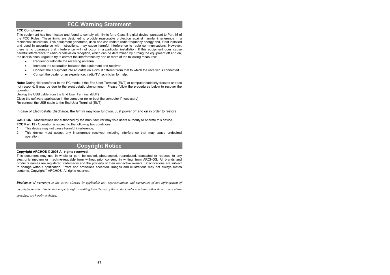 Fcc warning statement, Copyright notice | ARCHOS 100 series User Manual | Page 27 / 27