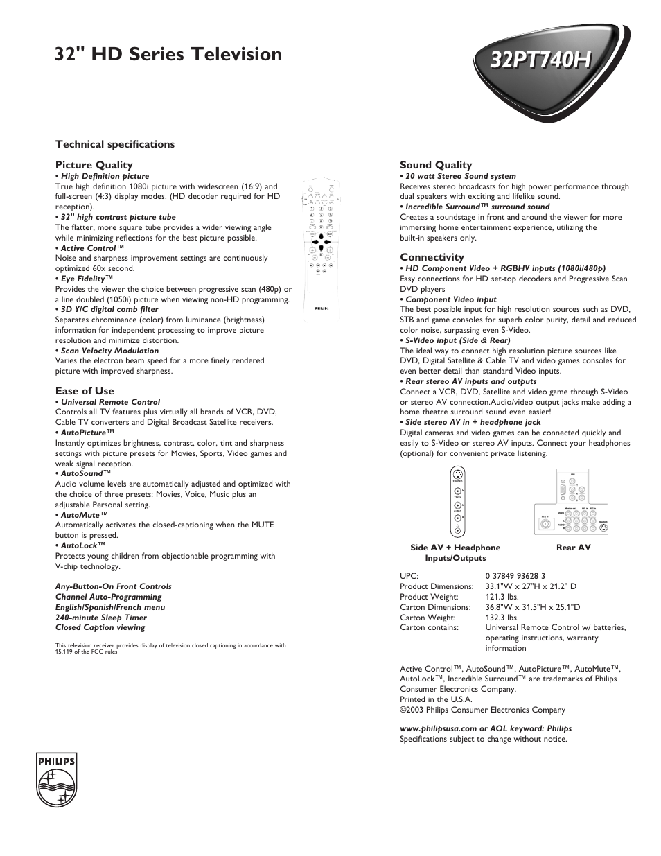 32" hd series television | Philips 32PT740H99 User Manual | Page 2 / 2