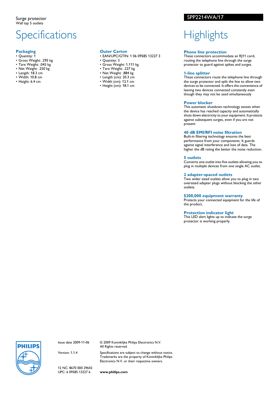 Specifications, Highlights | Philips SPP2214WA-17 User Manual | Page 2 / 2