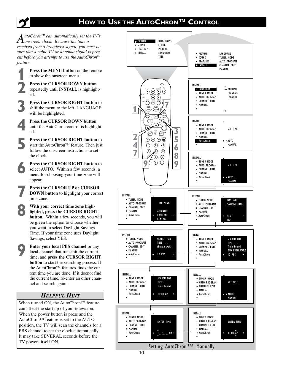 Setting autochron™ manually, Ow to, Se the | Hron, Ontrol | Philips 17PF9945-37 User Manual | Page 10 / 64
