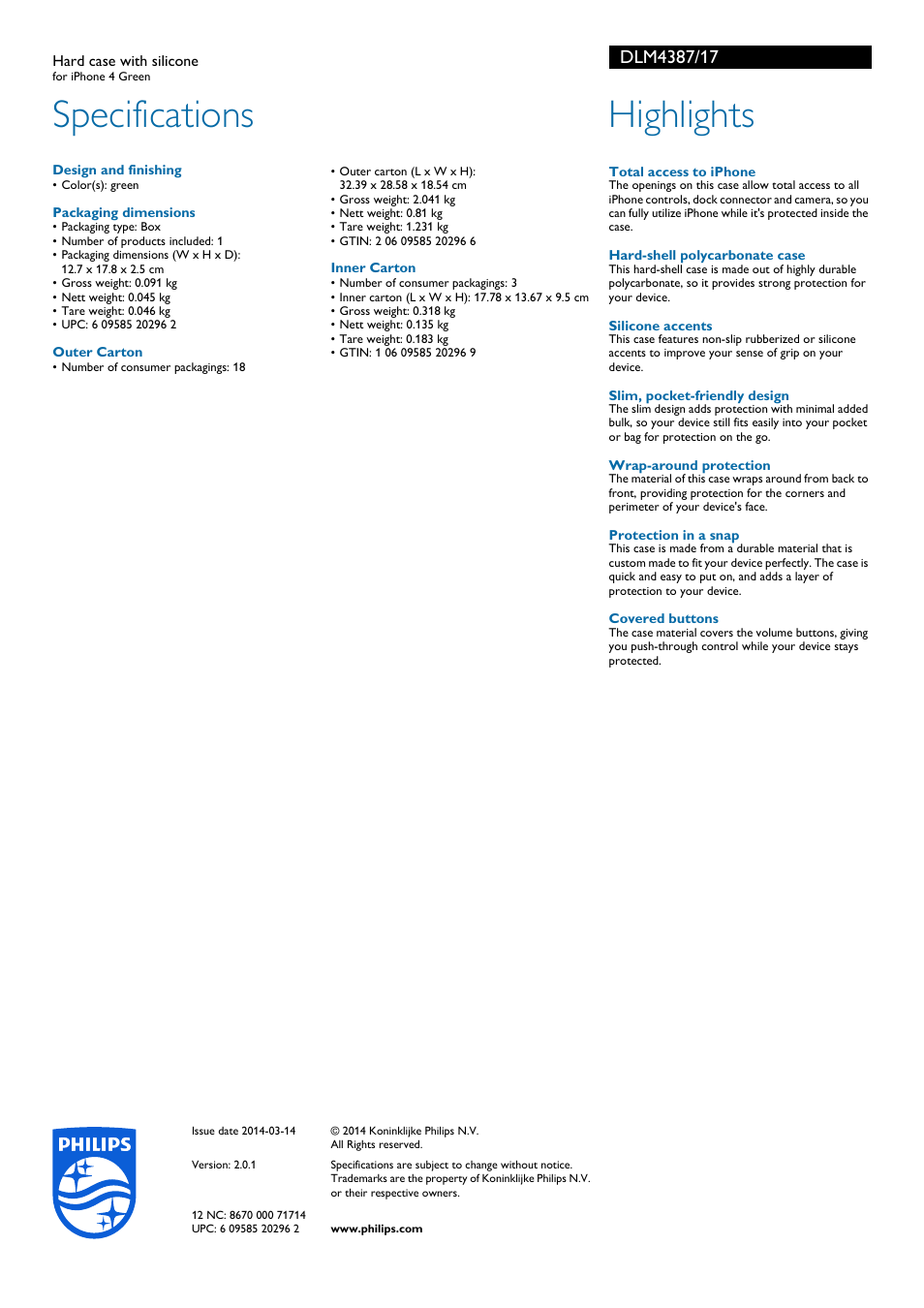 Specifications, Highlights | Philips DLM4387-17 User Manual | Page 2 / 2