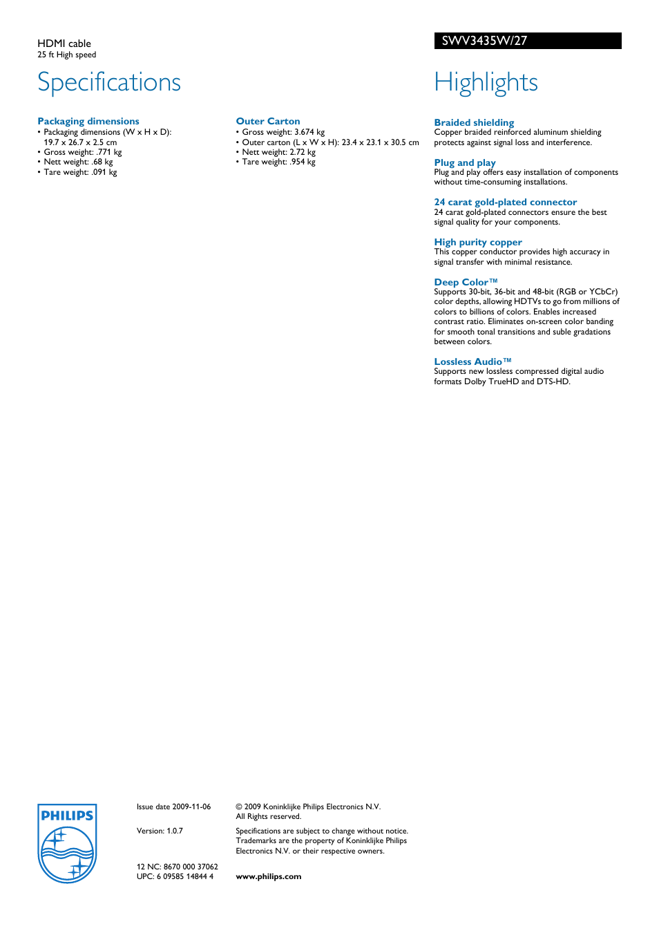 Specifications, Highlights | Philips SWV3435W-27 User Manual | Page 2 / 2