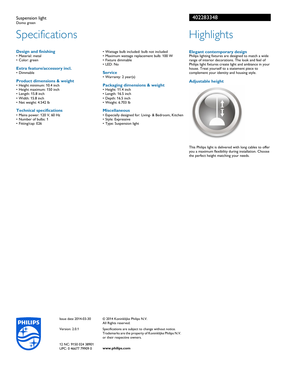Specifications, Highlights | Philips 402283348 User Manual | Page 2 / 2