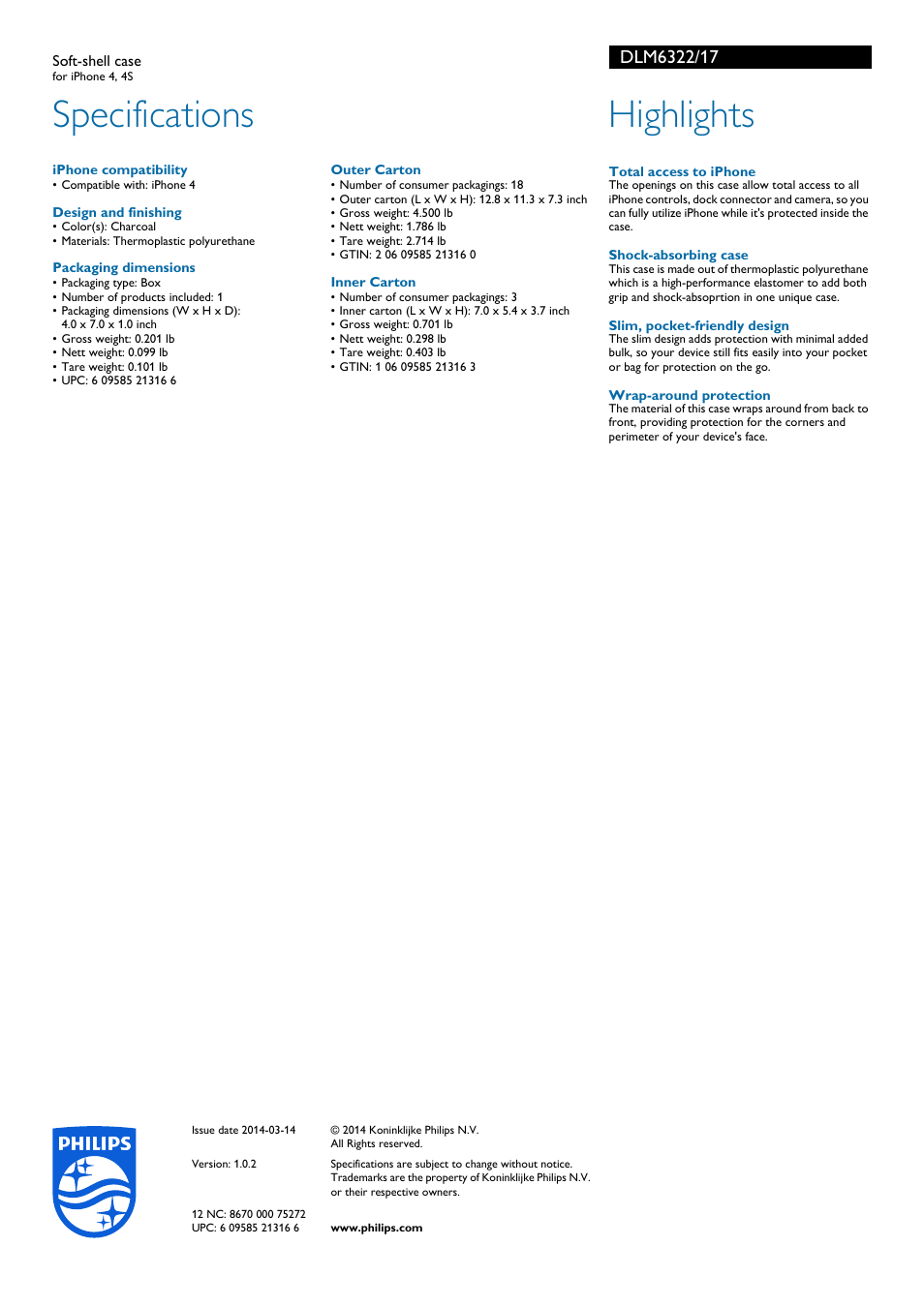 Specifications, Highlights | Philips DLM6322-17 User Manual | Page 2 / 2