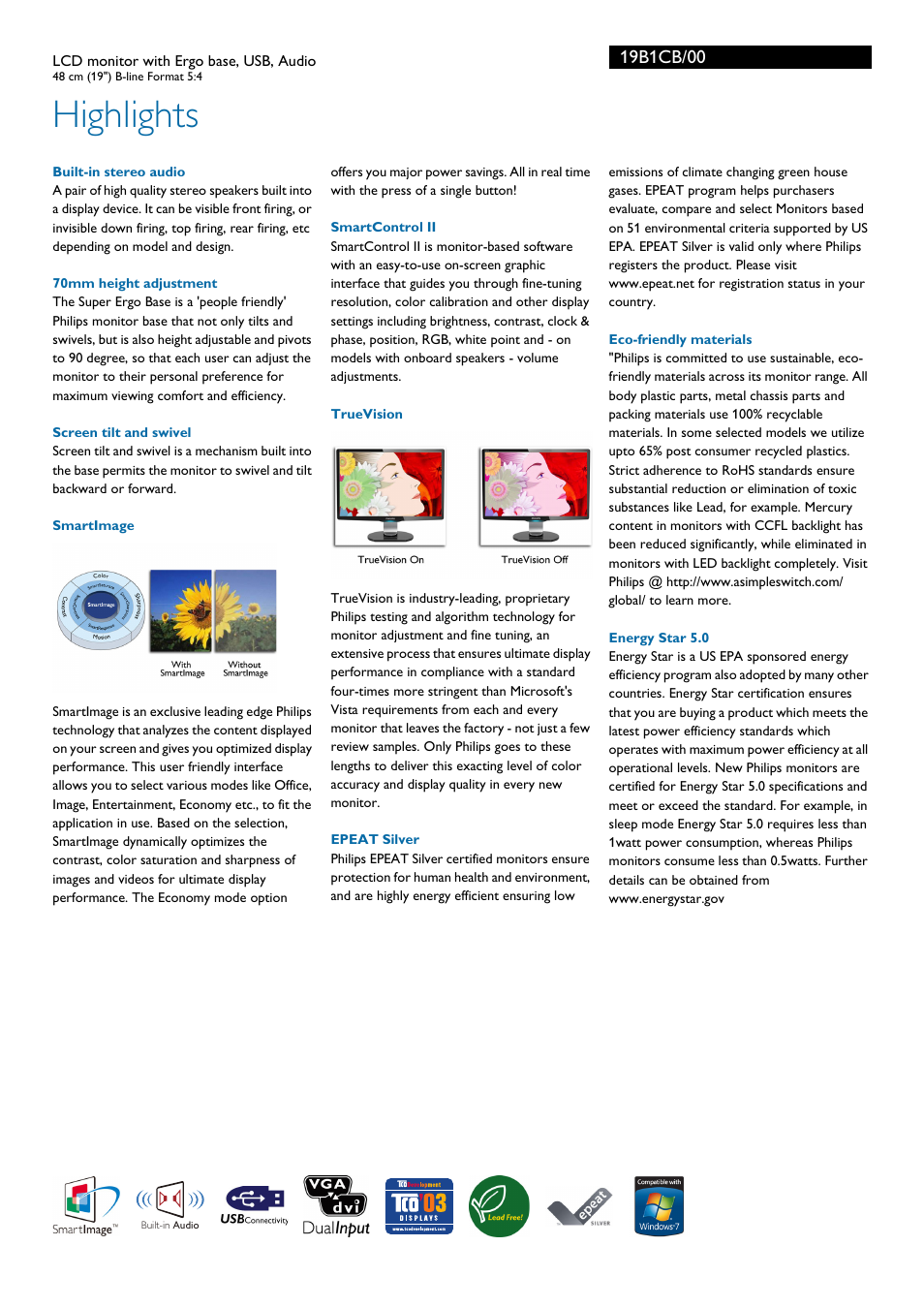 Highlights | Philips 19B1CB-00 User Manual | Page 2 / 3
