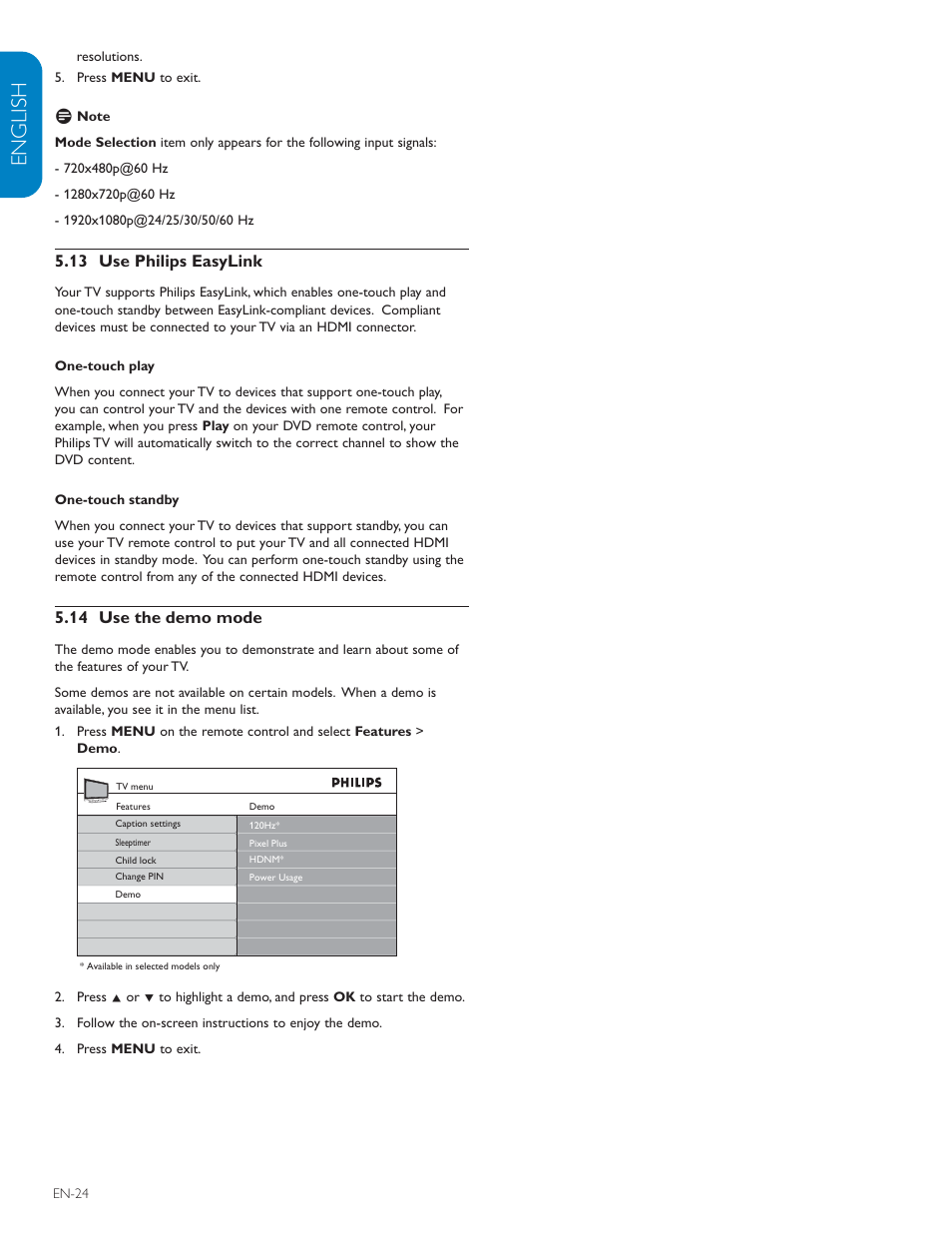 English française esp añol, 13 use philips easylink, 14 use the demo mode | Philips 42TA648BX-37 User Manual | Page 25 / 41